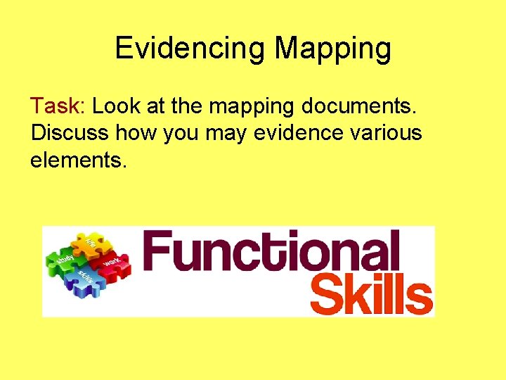 Evidencing Mapping Task: Look at the mapping documents. Discuss how you may evidence various