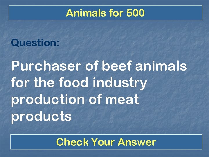 Animals for 500 Question: Purchaser of beef animals for the food industry production of