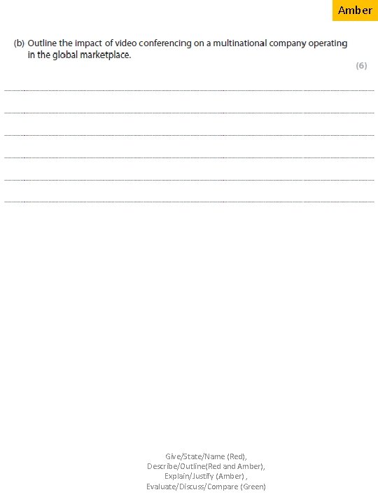 Amber Give/State/Name (Red), Describe/Outline(Red and Amber), Explain/Justify (Amber) , Evaluate/Discuss/Compare (Green) 