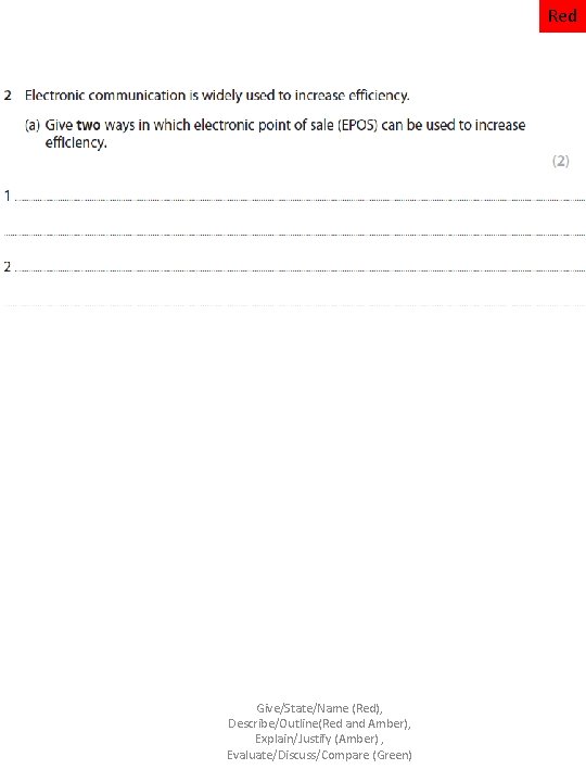 Red Give/State/Name (Red), Describe/Outline(Red and Amber), Explain/Justify (Amber) , Evaluate/Discuss/Compare (Green) 