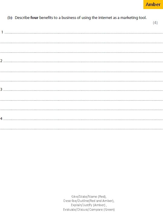 Amber Give/State/Name (Red), Describe/Outline(Red and Amber), Explain/Justify (Amber) , Evaluate/Discuss/Compare (Green) 