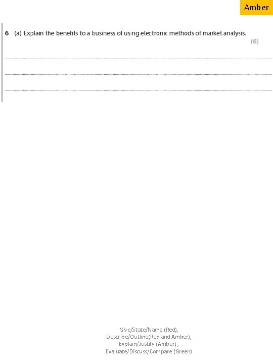 Amber Give/State/Name (Red), Describe/Outline(Red and Amber), Explain/Justify (Amber) , Evaluate/Discuss/Compare (Green) 