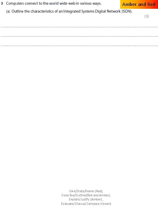 Amber and Red Give/State/Name (Red), Describe/Outline(Red and Amber), Explain/Justify (Amber) , Evaluate/Discuss/Compare (Green) 