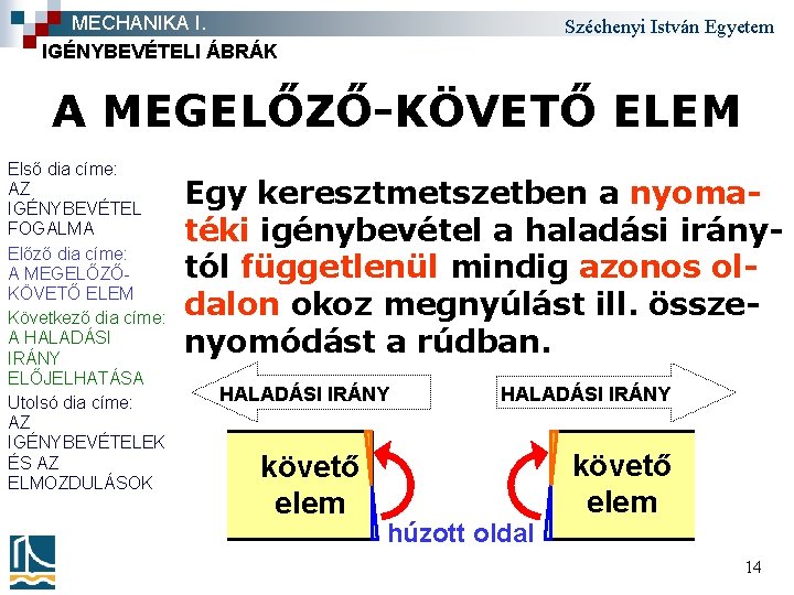 MECHANIKA I. IGÉNYBEVÉTELI ÁBRÁK Széchenyi István Egyetem A MEGELŐZŐ-KÖVETŐ ELEM Első dia címe: AZ