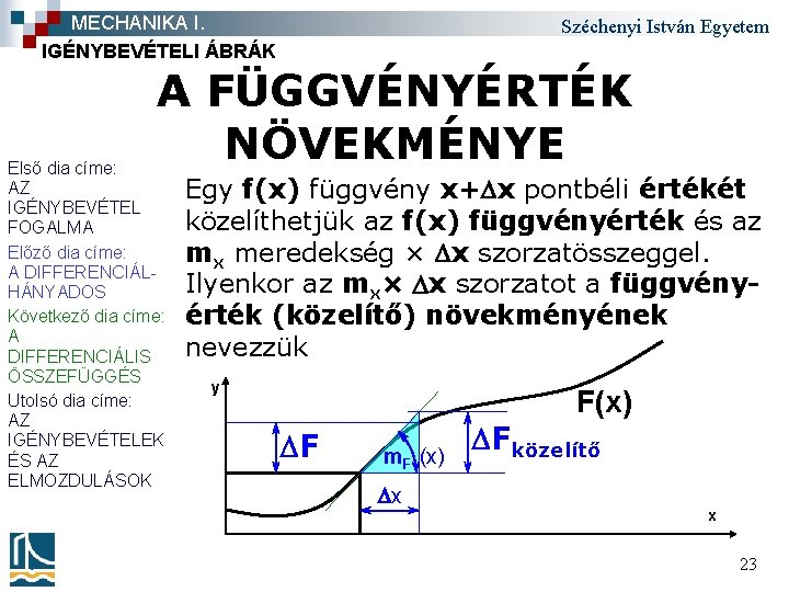 MECHANIKA I. IGÉNYBEVÉTELI ÁBRÁK Széchenyi István Egyetem A FÜGGVÉNYÉRTÉK NÖVEKMÉNYE Első dia címe: AZ