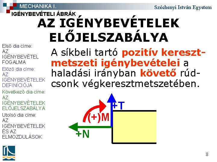 MECHANIKA I. IGÉNYBEVÉTELI ÁBRÁK Széchenyi István Egyetem AZ IGÉNYBEVÉTELEK ELŐJELSZABÁLYA Első dia címe: AZ