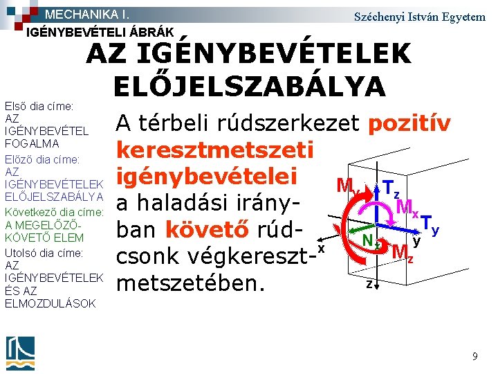 MECHANIKA I. IGÉNYBEVÉTELI ÁBRÁK Széchenyi István Egyetem AZ IGÉNYBEVÉTELEK ELŐJELSZABÁLYA Első dia címe: AZ