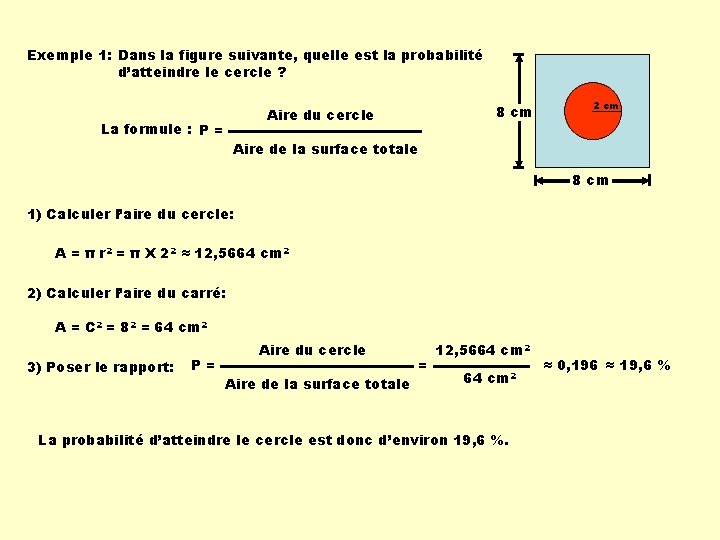 Exemple 1: Dans la figure suivante, quelle est la probabilité d’atteindre le cercle ?