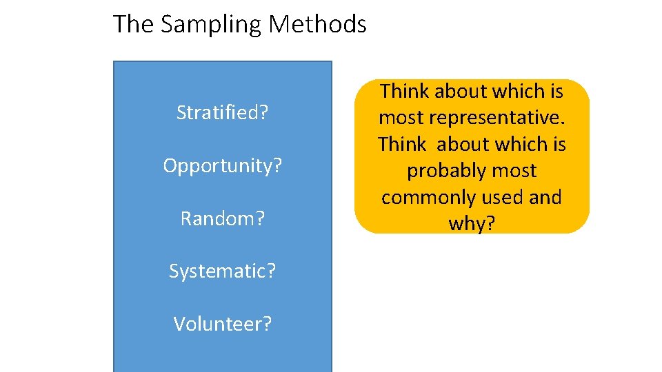 The Sampling Methods Stratified? Opportunity? Random? Systematic? Volunteer? Think about which is most representative.