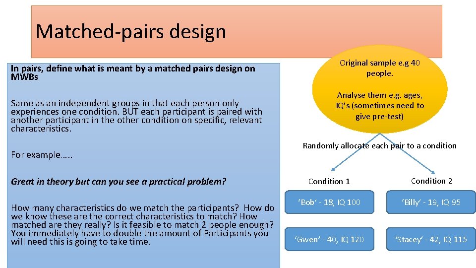 Matched-pairs design In pairs, define what is meant by a matched pairs design on