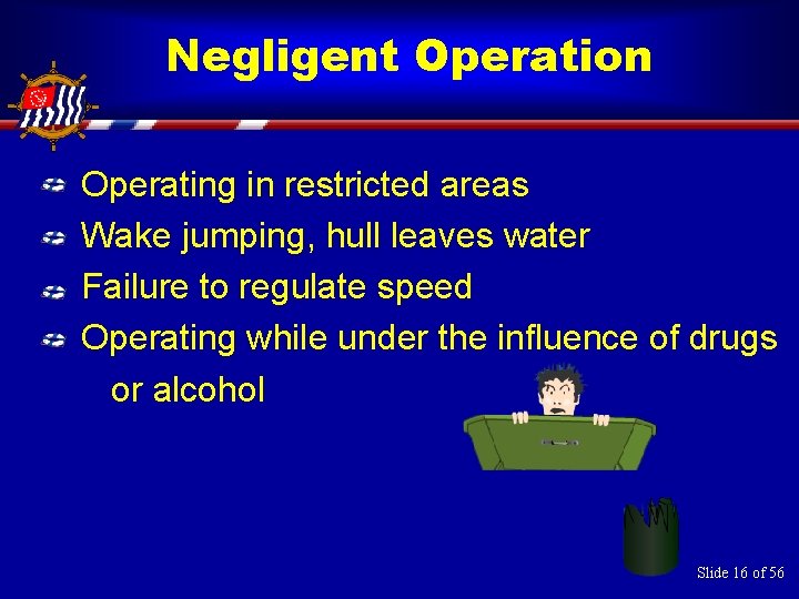 Negligent Operation Operating in restricted areas Wake jumping, hull leaves water Failure to regulate