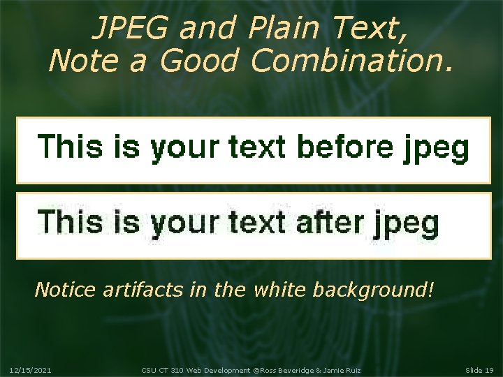 JPEG and Plain Text, Note a Good Combination. Notice artifacts in the white background!