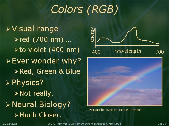  Visual range red (700 nm) … to violet (400 nm) energy Colors (RGB)