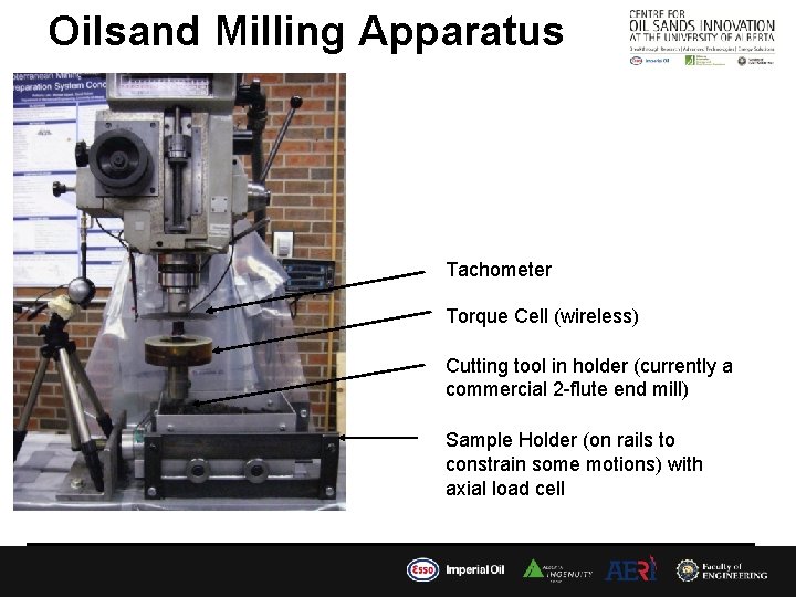 Oilsand Milling Apparatus Tachometer Torque Cell (wireless) Cutting tool in holder (currently a commercial