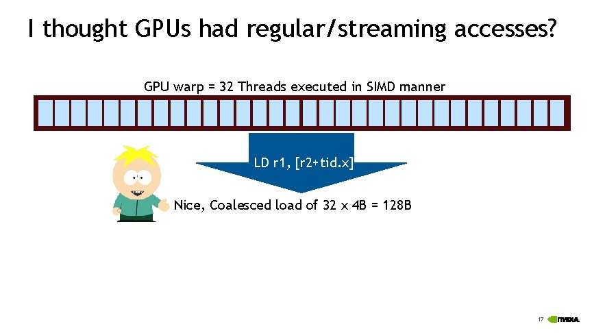 I thought GPUs had regular/streaming accesses? GPU warp = 32 Threads executed in SIMD