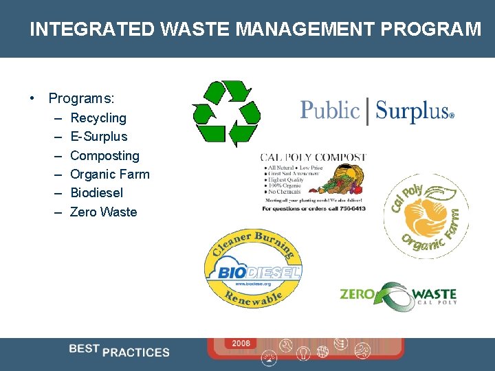 INTEGRATED WASTE MANAGEMENT PROGRAM • Programs: – – – Recycling E-Surplus Composting Organic Farm