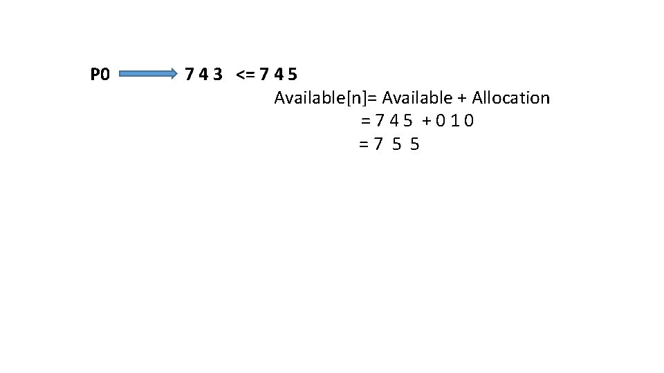 P 0 7 4 3 <= 7 4 5 Available[n]= Available + Allocation =745