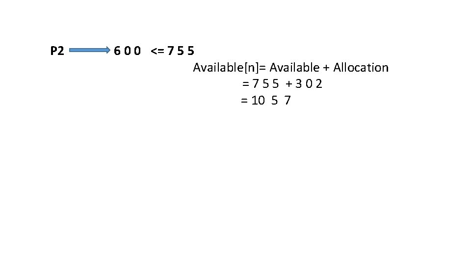 P 2 6 0 0 <= 7 5 5 Available[n]= Available + Allocation =755
