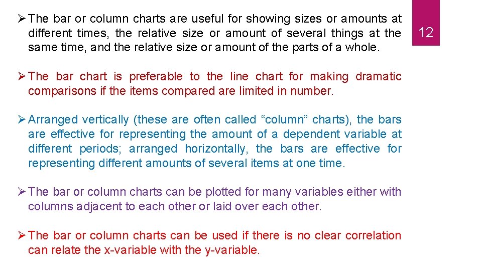  The bar or column charts are useful for showing sizes or amounts at