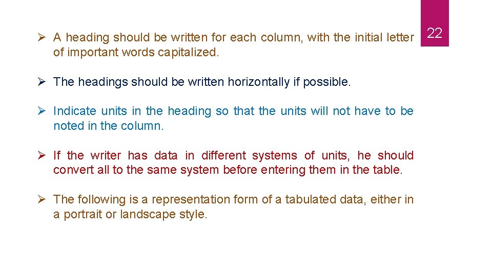  A heading should be written for each column, with the initial letter of