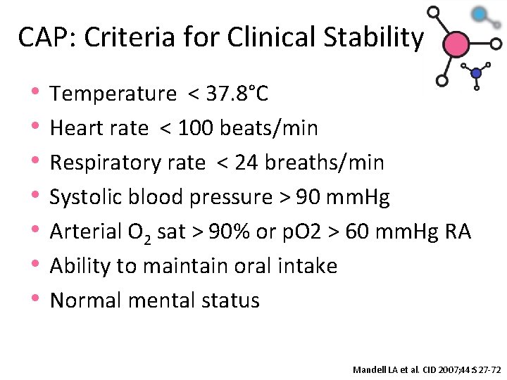 CAP: Criteria for Clinical Stability • • Temperature < 37. 8°C Heart rate <