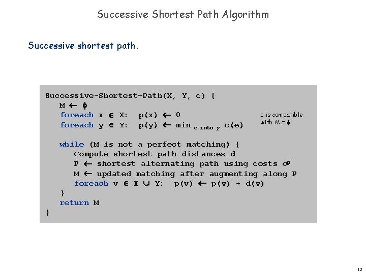 Successive Shortest Path Algorithm Successive shortest path. Successive-Shortest-Path(X, Y, c) { M foreach x