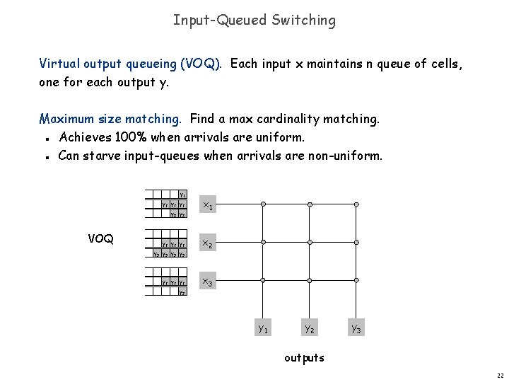 Input-Queued Switching Virtual output queueing (VOQ). Each input x maintains n queue of cells,