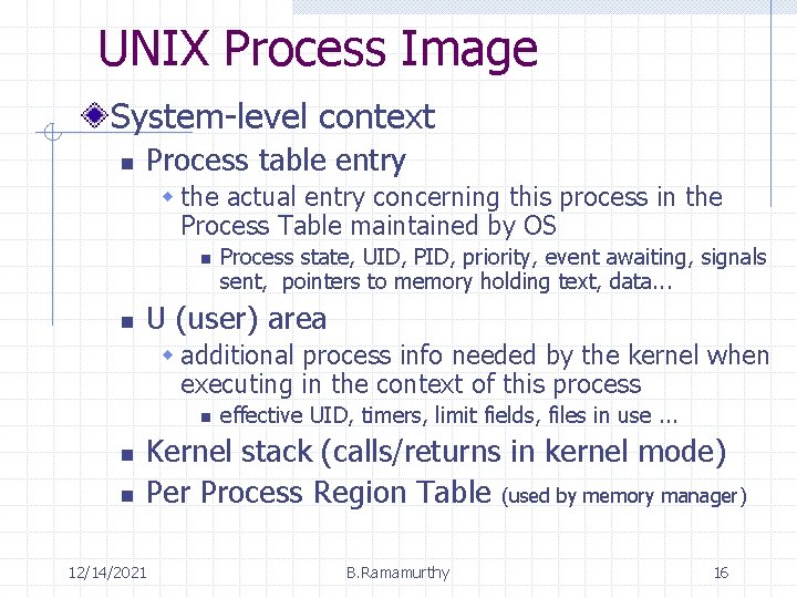 UNIX Process Image System-level context n Process table entry w the actual entry concerning