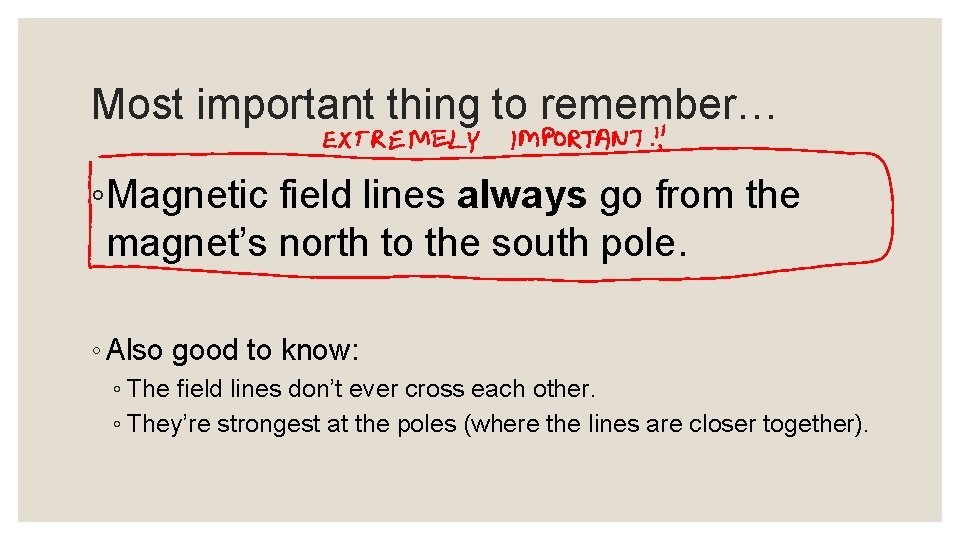 Most important thing to remember… ◦Magnetic field lines always go from the magnet’s north