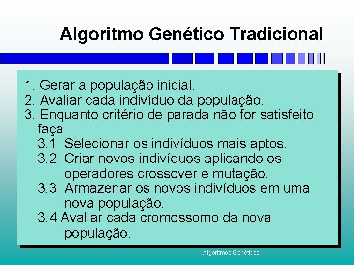 Algoritmo Genético Tradicional 1. Gerar a população inicial. 2. Avaliar cada indivíduo da população.