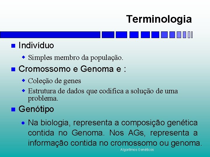 Terminologia n Indivíduo w Simples membro da população. n Cromossomo e Genoma e :