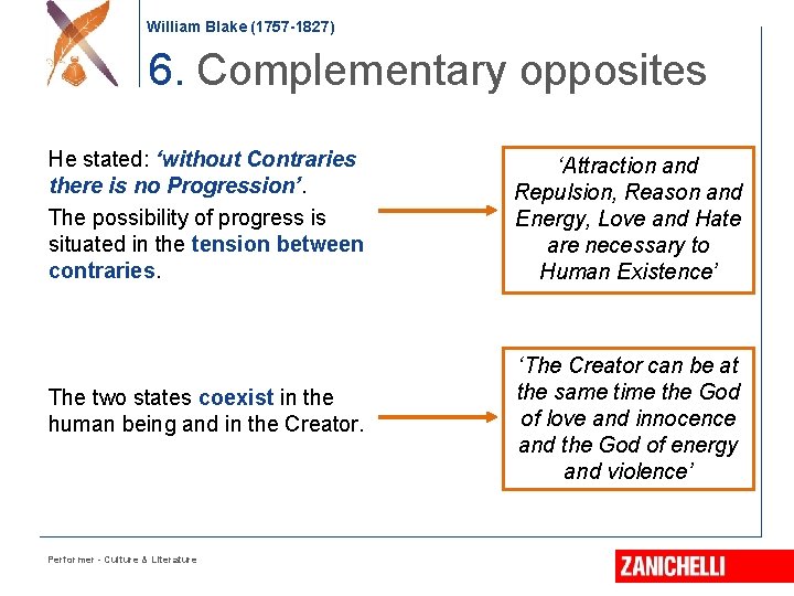 William Blake (1757 -1827) 6. Complementary opposites He stated: ‘without Contraries there is no