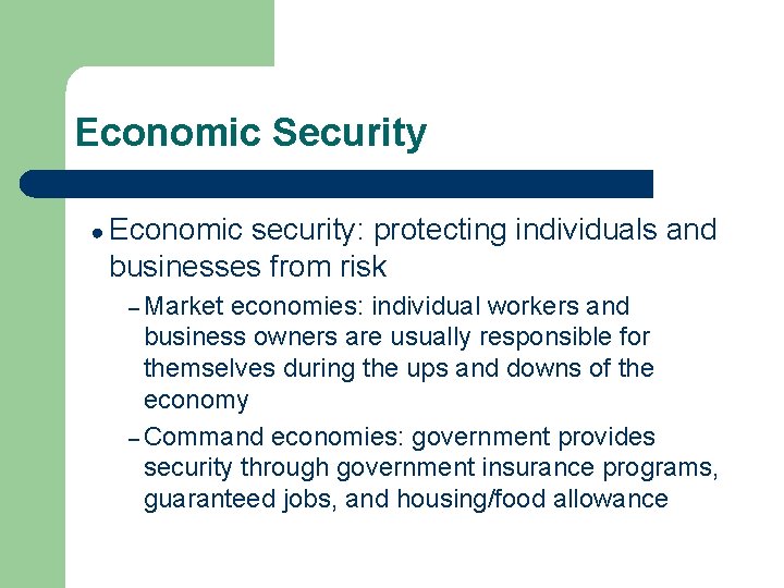 Economic Security ● Economic security: protecting individuals and businesses from risk – Market economies: