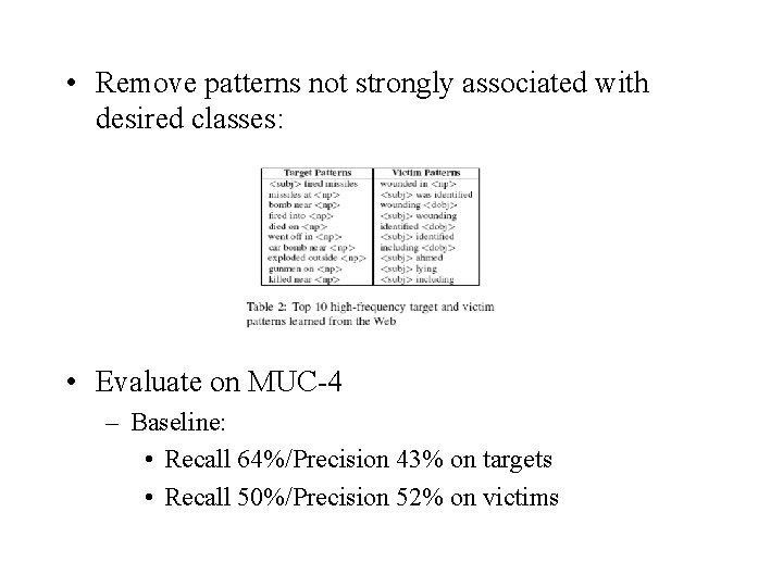  • Remove patterns not strongly associated with desired classes: • Evaluate on MUC-4