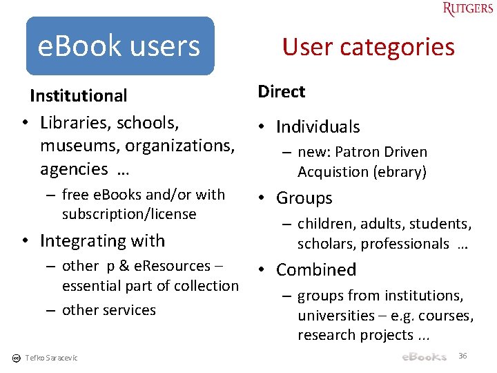 e. Book users Institutional • Libraries, schools, museums, organizations, agencies … – free e.