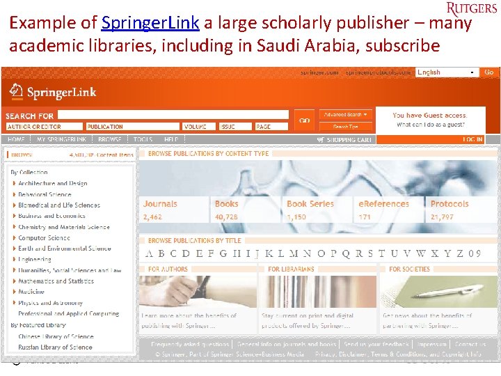 Example of Springer. Link a large scholarly publisher – many academic libraries, including in