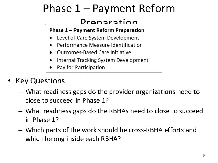Phase 1 – Payment Reform Preparation • Key Questions – What readiness gaps do