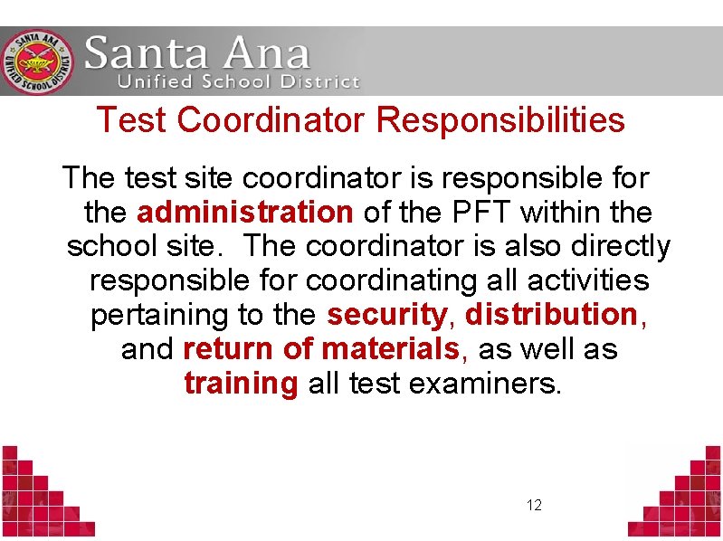 Test Coordinator Responsibilities The test site coordinator is responsible for the administration of the