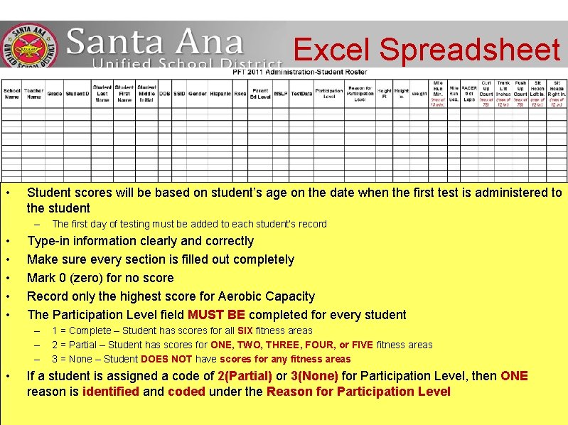 Excel Spreadsheet • Student scores will be based on student’s age on the date