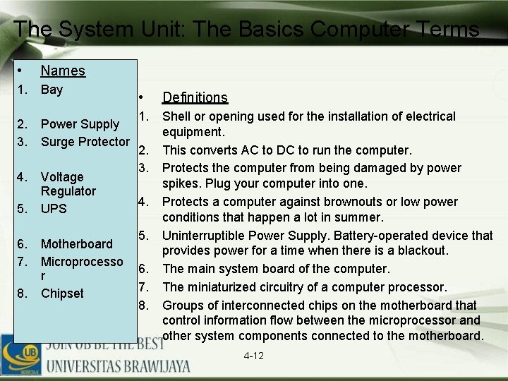 The System Unit: The Basics Computer Terms • Names 1. Bay 2. Power Supply