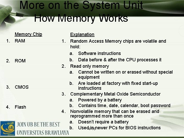 More on the System Unit How Memory Works 1. Memory Chip RAM 1. 2.