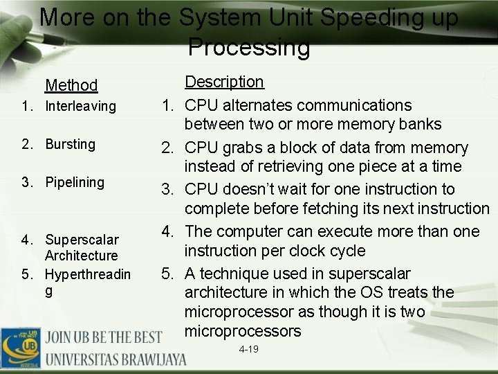 More on the System Unit Speeding up Processing Method 1. Interleaving 1. 2. Bursting