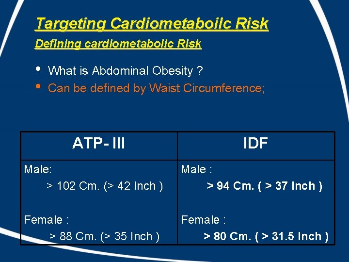 Targeting Cardiometaboilc Risk Defining cardiometabolic Risk • • What is Abdominal Obesity ? Can