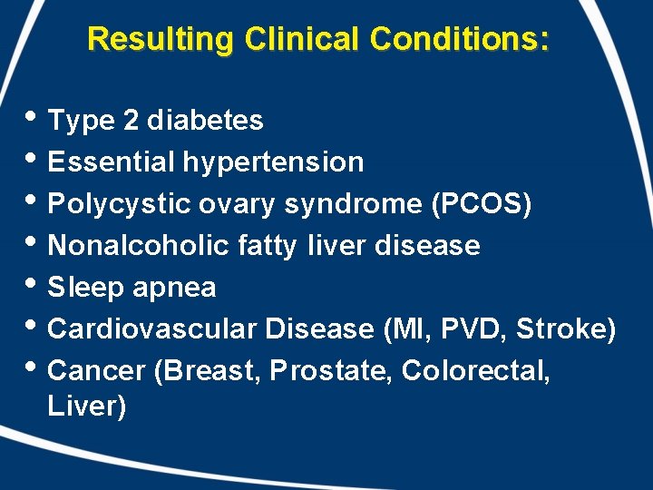 Resulting Clinical Conditions: • Type 2 diabetes • Essential hypertension • Polycystic ovary syndrome