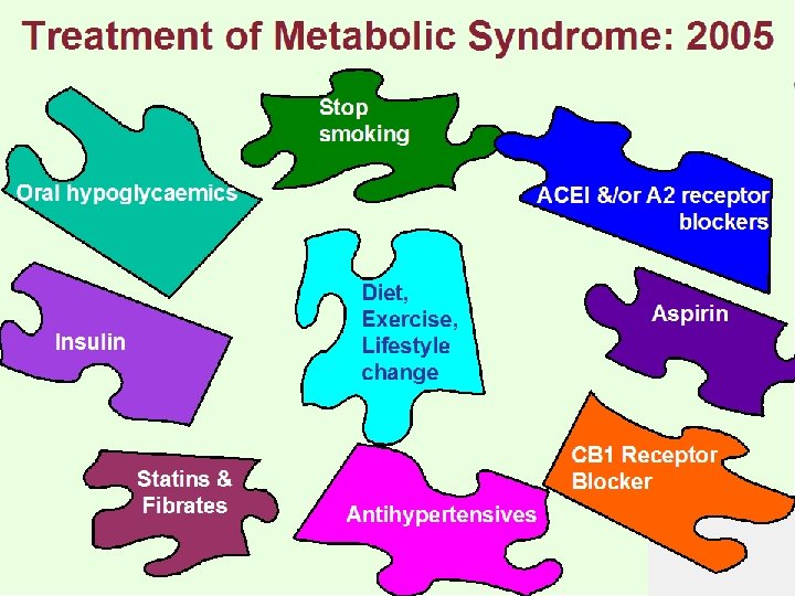 Treatment of Metabolic Syndrome: 2005 Stop smoking Oral hypoglycaemics Insulin Statins & Fibrates ACEI