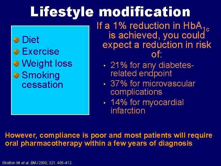 Lifestyle modification Diet Exercise Weight loss Smoking cessation If a 1% reduction in Hb.