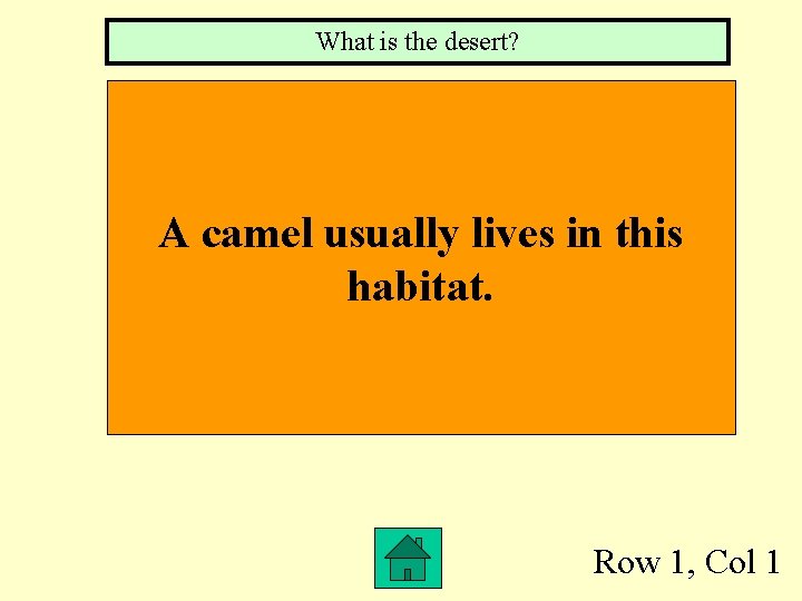 What is the desert? A camel usually lives in this habitat. Row 1, Col