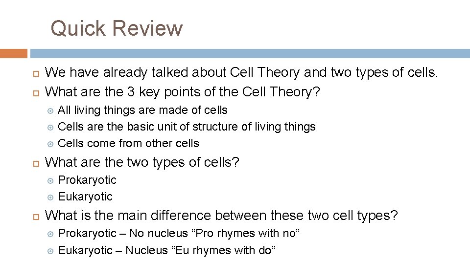 Quick Review We have already talked about Cell Theory and two types of cells.