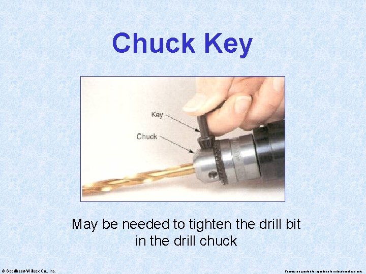 Chuck Key May be needed to tighten the drill bit in the drill chuck