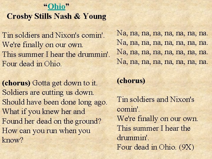 “Ohio” Crosby Stills Nash & Young Tin soldiers and Nixon's comin'. We're finally on